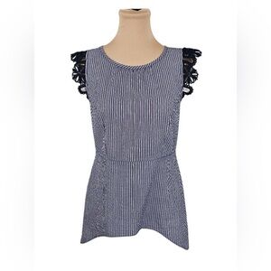 L Seersucker Striped Navy and White Women's Top with Lace Cap Sleeves